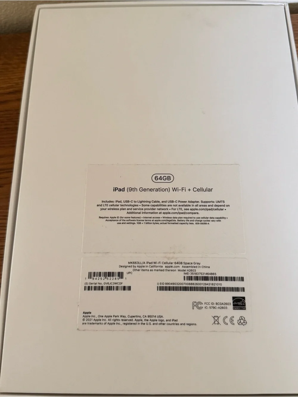 Apple iPad Tablet Generation 9 empty box